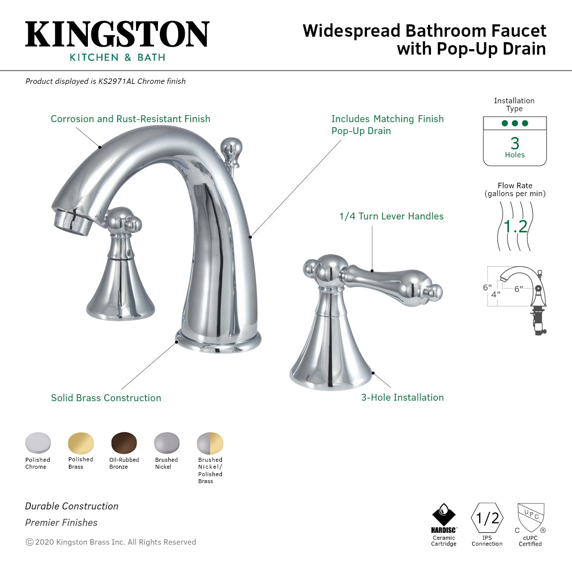 Kingston Tulare KS2979AL - Naples Two-Handle 3-Hole Deck Mount Widespread Bathroom Faucet with Brass Pop-Up, Brushed Nickel/Polished Brass — thumbnail 2